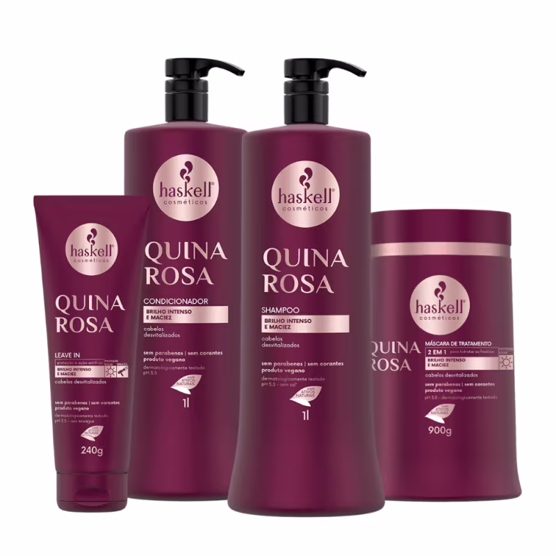 Kit Haskell Quina Rosa Shampoo, Condicionador e Mascara 1L + Leave In