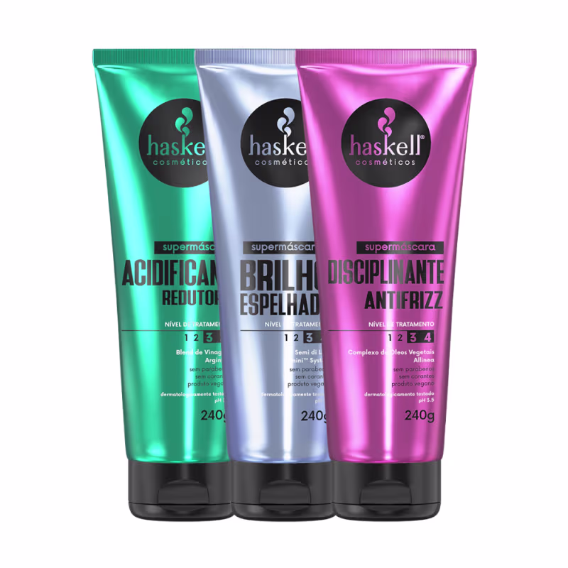 Kit Supermáscaras Haskell Acidificante Redutor de pH, Brilho Espelhado e Disciplinante Antifrizz 240g