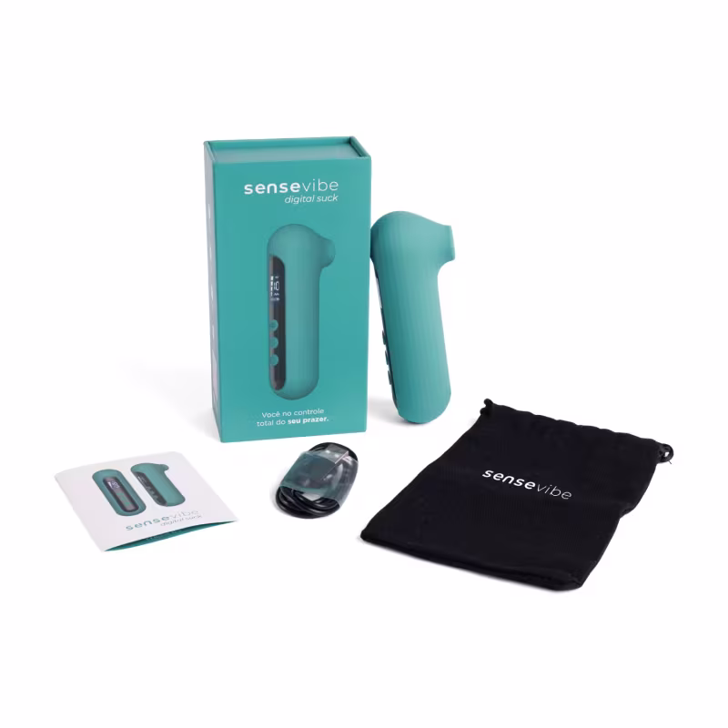 Caixa contendo 01 unidade do Sensevibe Digital Suck, 01 bag para armazenagem, 01 cabo de carregamento magnético e 01 manual com instruções.