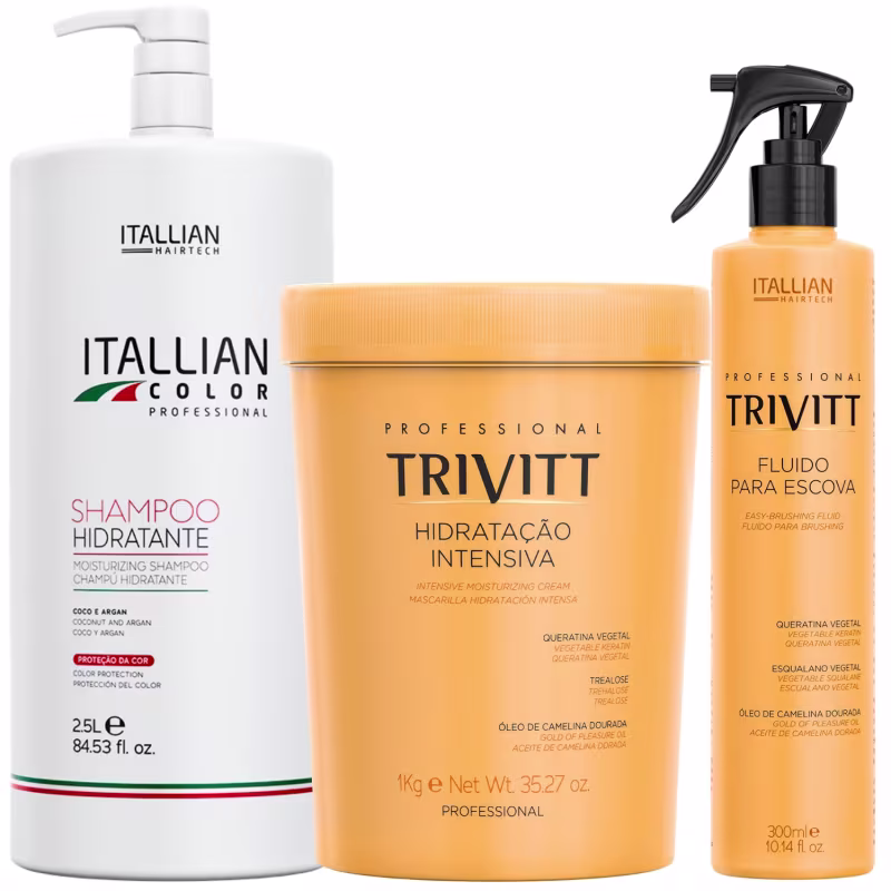 KIT SHAMPOO HIDRATANTE 2,5 HIDRATAÇÃO INTENSIVA 1KG  E FLUIDO PARA ESCOVA TRIVITT 300ML