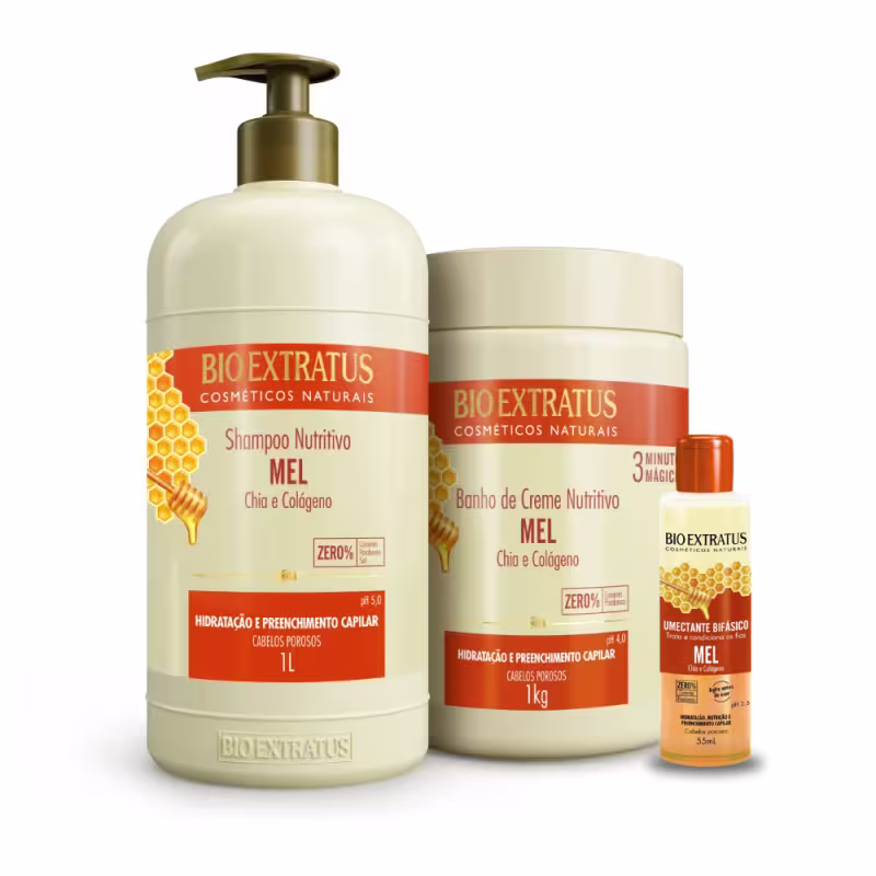 Kit Bio Extratus Mel Nutritivo Shampoo Máscara 1L/Kg Umectante 55ml