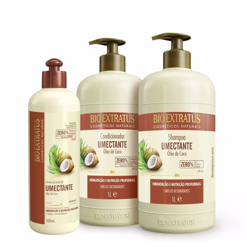 Kit Bio Extratus Umectante Óleo de Coco Shampoo Condicionador 1Litro Finalizador 500