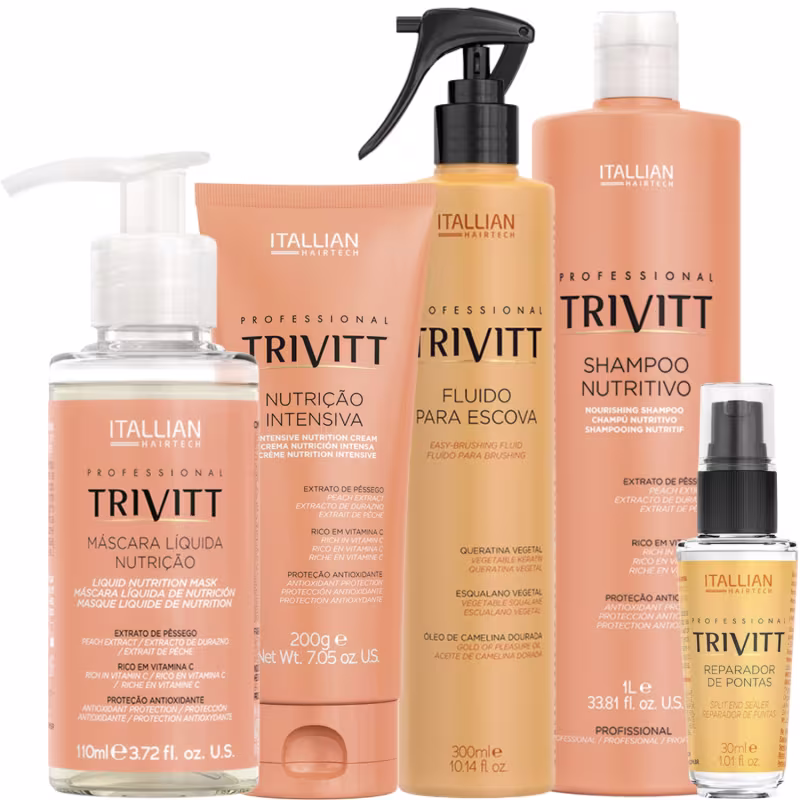 Produtos de cuidados capilares da marca Itallian Hairtech da linha Trivitt. Inclui shampoo 1l, creme de nutrição de 200g, máscara líquida de de 110ml, fluido para escova de 300g e reparador de pontas de 30ml.