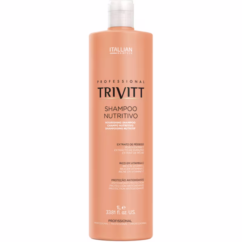 Shampoo nutritivo da marca Trivitt, linha profissional da Itallian Hairtech. Embalagem plástica na cor bege, formato cilíndrico. Volume de 1 litro.