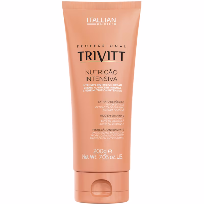 Produto de nutrição intensiva para cabelos Italian Hairtech. Embalagem em tubo plástico na cor laranja. Peso líquido de 200g ou 7,05 onças.