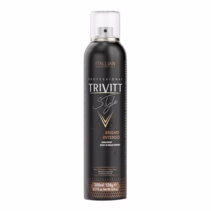 É um spray de brilho intenso para cabelos da marca Trivitt Style, linha profissional Itallian. O produto vem em uma lata aerossol preta de 200ml.