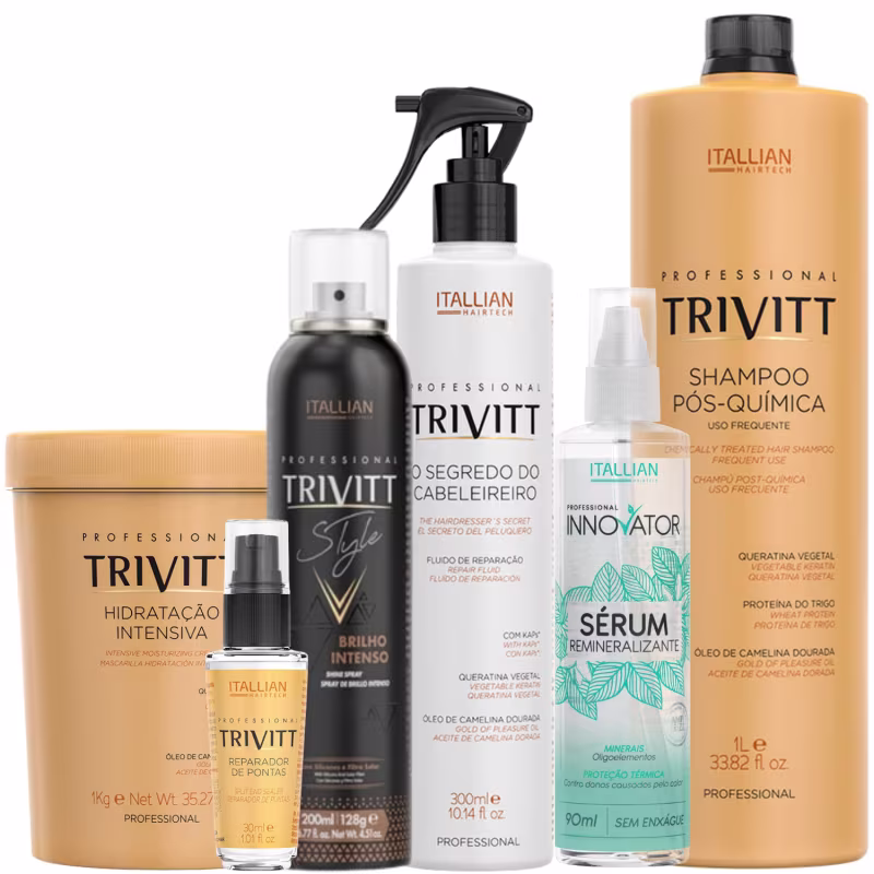 A imagem mostra uma variedade de produtos de cuidados capilares da marca Itallian Hairtech. Há frascos em diferentes tamanhos, incluindo um spray, um shampoo grande e um frasco menor de sérum.