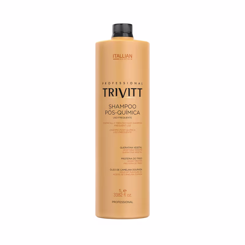 Shampoo pós-química da linha Trivitt. Embalagem plástica cilíndrica grande de cor bege. Tamanho de 1 litro.