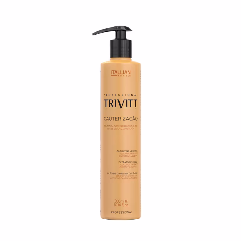 Produto de tratamento capilar Trivitt da marca Itallian Hairtech. Embalagem plástica amarela com bomba dosadora preta. Rótulo com texto "Trivitt Cauterização". Tamanho de 300ml.