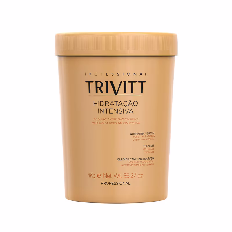 Produto de tratamento capilar intensivo hidratante. Embalagem plástica opaca na cor bege, formato cilíndrico com tampa removível. Rótulo frontal exibe o logotipo "Trivitt" em letras pretas. 1kg.