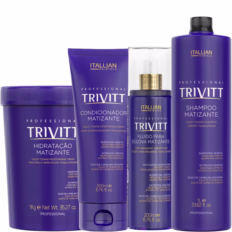 A imagem mostra uma linha de produtos profissionais de cuidados capilares da marca Itallian Hairtech chamada Trivitt Matizante.