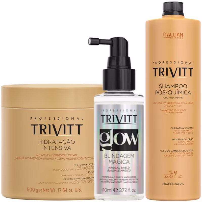 Trivitt: Blindagem Mágica Glow 110ml, Hidratação Intensiva 500g e Shampoo Pós-Química 1L