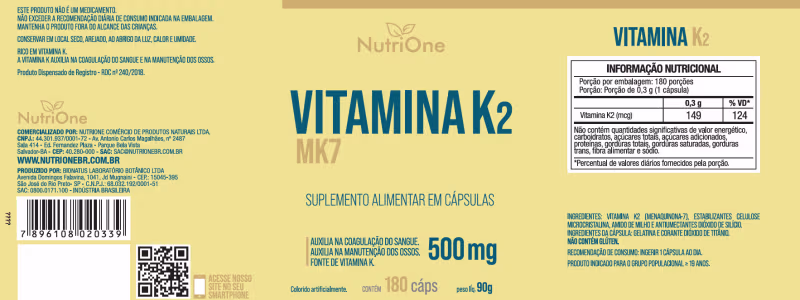 Vitamina K2 Mk7 Menaquinona 180 Capsulas 500mg - Nutrione