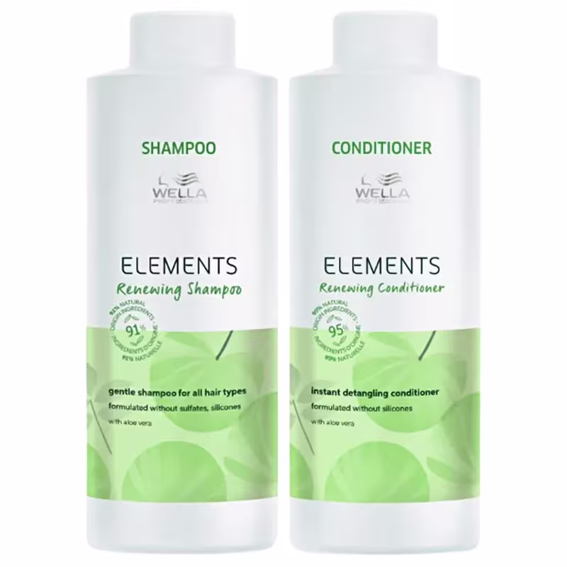 Dois frascos de produtos Wella Professionals da linha Elements: um shampoo renovador e um condicionador desembaraçante, ambos com embalagens brancas e detalhes verdes, indicando ingredientes naturais como aloe vera.