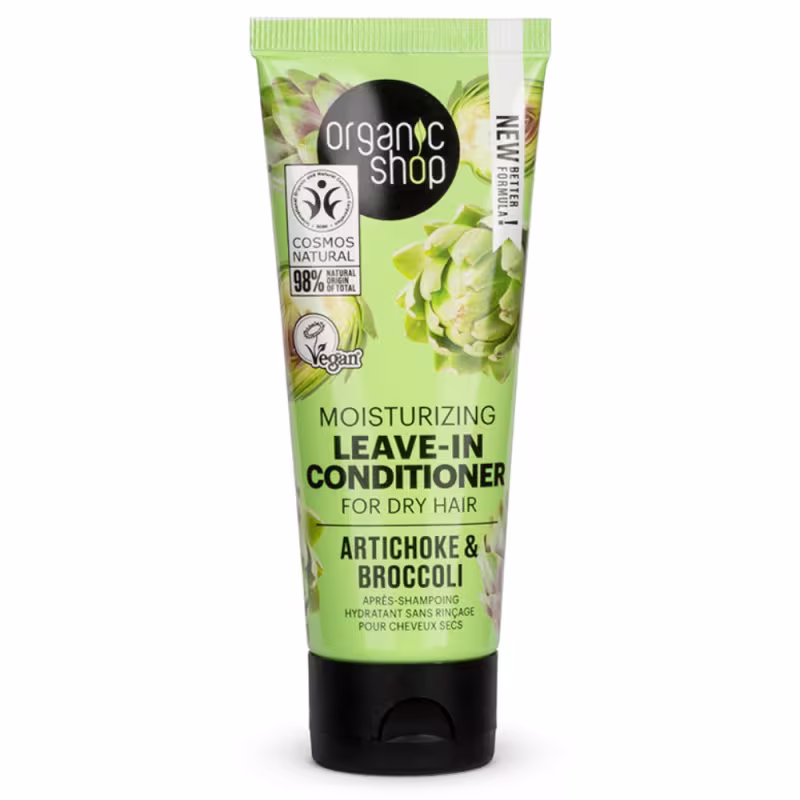 A imagem mostra o leave-in em embalagem plástica tubular verde e preta. Rótulo verde com imagens de alcachofra.