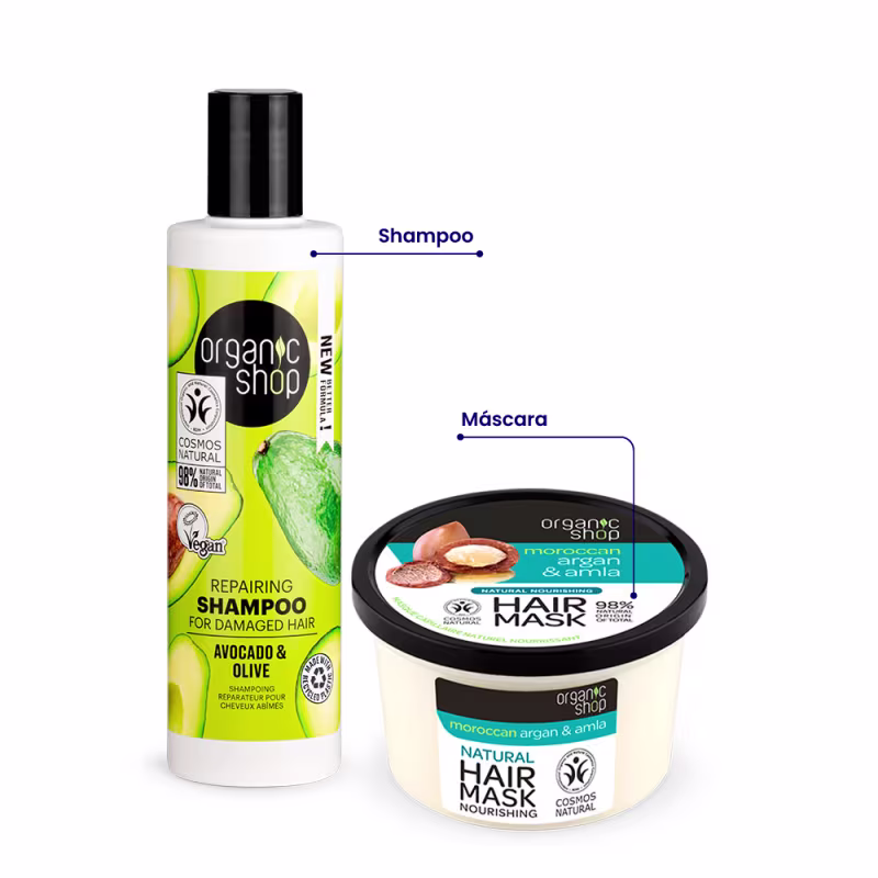 A imagem mostra um shampoo em frasco branco com tampa preta. O rótulo do shampoo é verde e traz abacates estampados. Ao lado uma máscara capilar em pote transparente com tampa preta e rótulo branco com detalhes em azul.