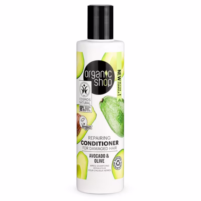 A imagem mostra o condicionador em frasco branco com tampa preta. O rótulo do condicionador é branco e traz abacates estampados.