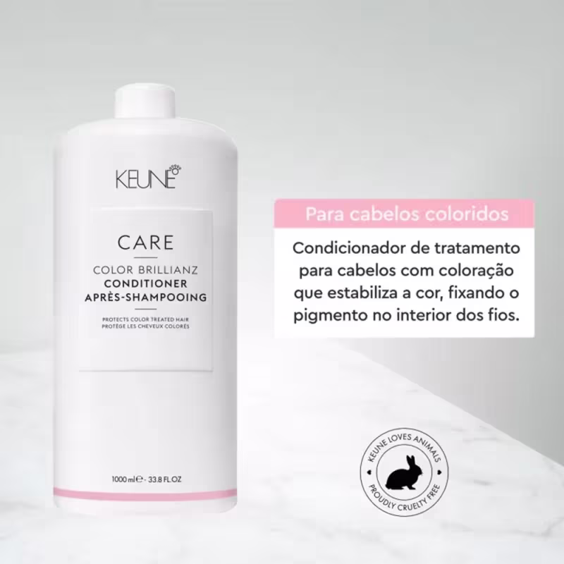 Condicionador de tratamento para cabelos com coloração que estabiliza a cor, fixando o pigmento no interior dos fios.