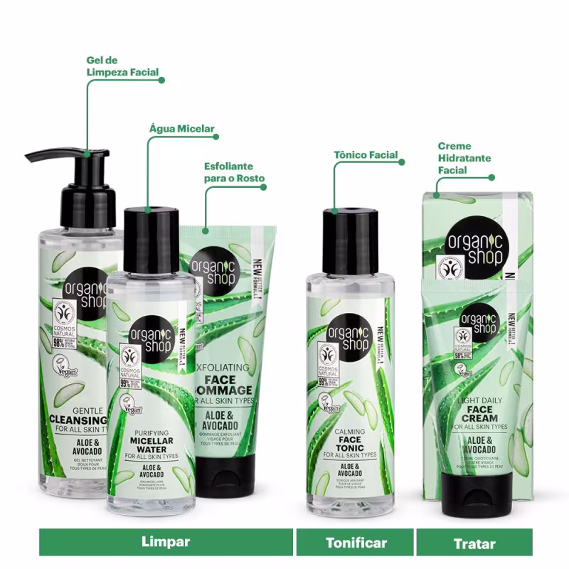 Kit Limpeza e Tonificação e Hidratação Facial Básica Organic Shop - Aloe Vera e Abacate
