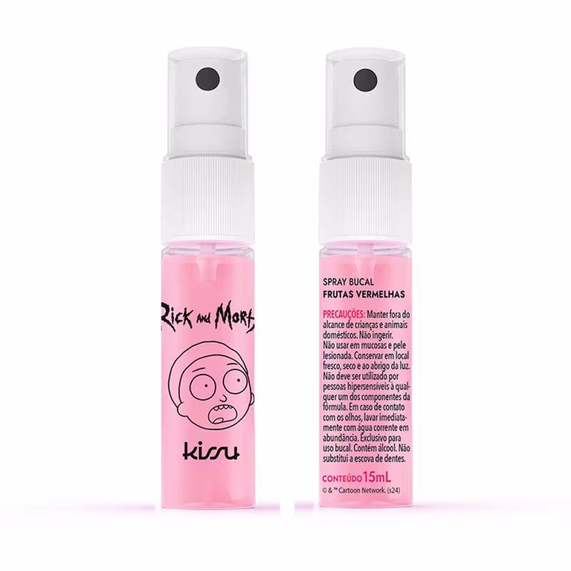 Frasco de spray bucal da marca Kissu, com design simples e cores claras. O rótulo apresenta o nome da marca e a descrição "Spray Bucal Frutas Vermelhas" em português.
