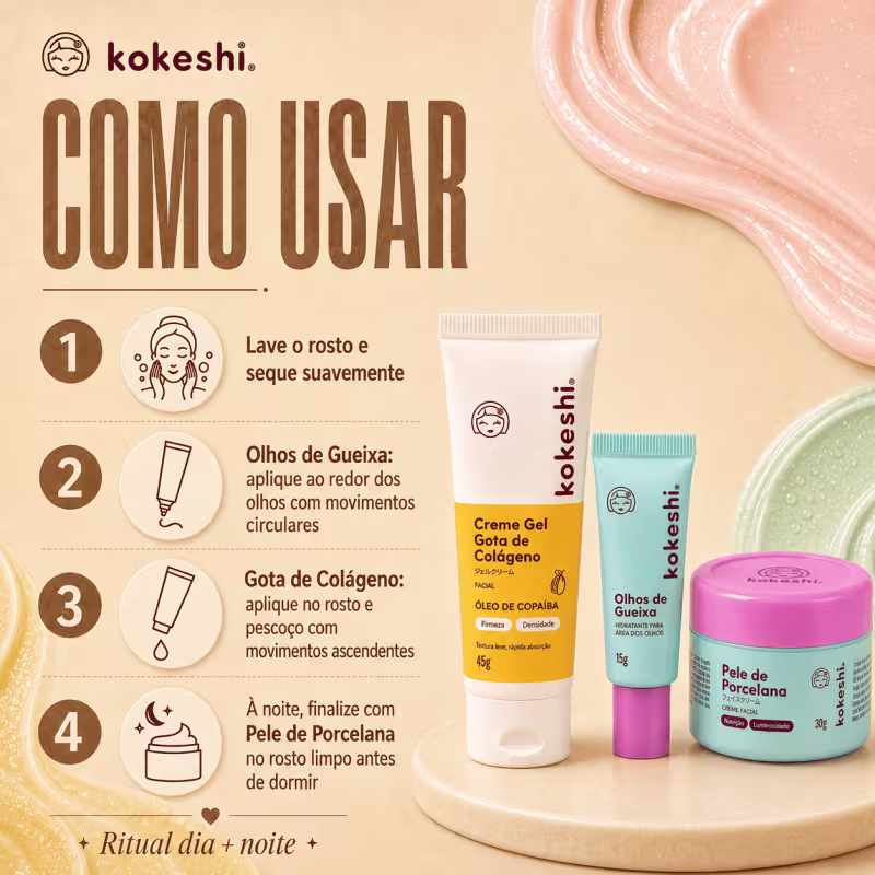 Kit Kokeshi Facial Olhos de Gueixa 15g +  Pele de Porcelana 30g + Gota de Colágeno 45g