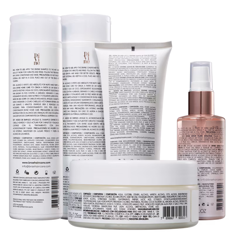 Conjunto de cuidados capilares da marca Brae. Inclui dois frascos plásticos brancos de shampoo e condicionador, com rótulos detalhando os ingredientes e instruções de uso em várias línguas. Há também um pequeno frasco plástico transparente.
