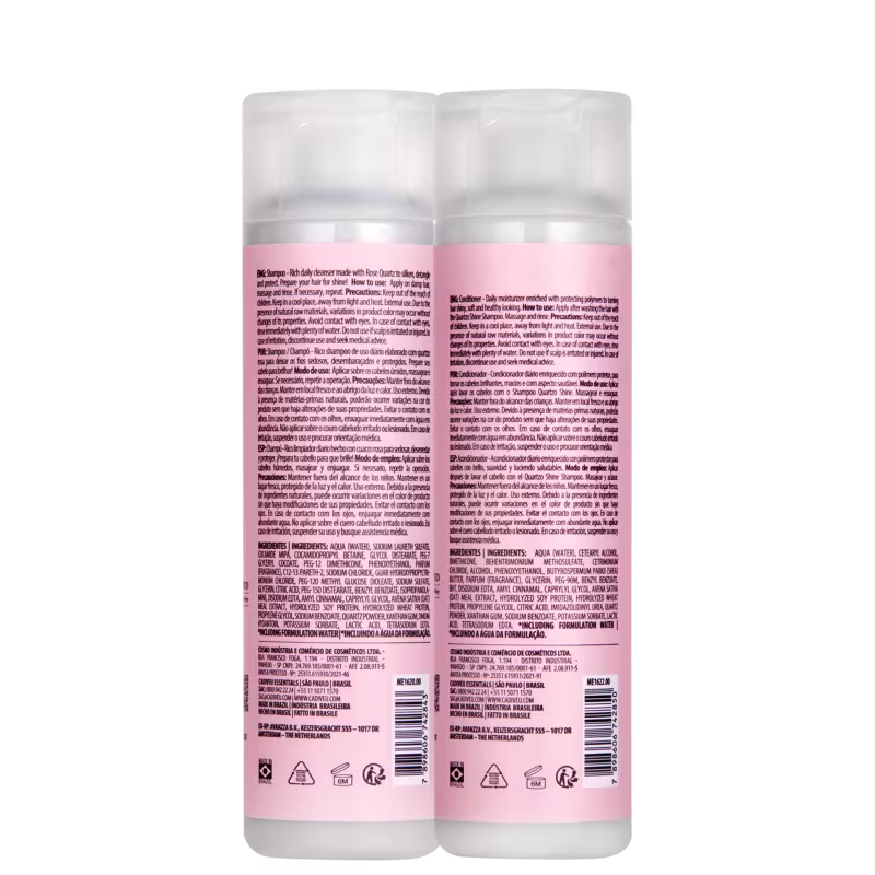 Kit com shampoo e condicionador Quartzo Shine, da marca Cadiveu Professionals. Imagem do verso dos produtos.