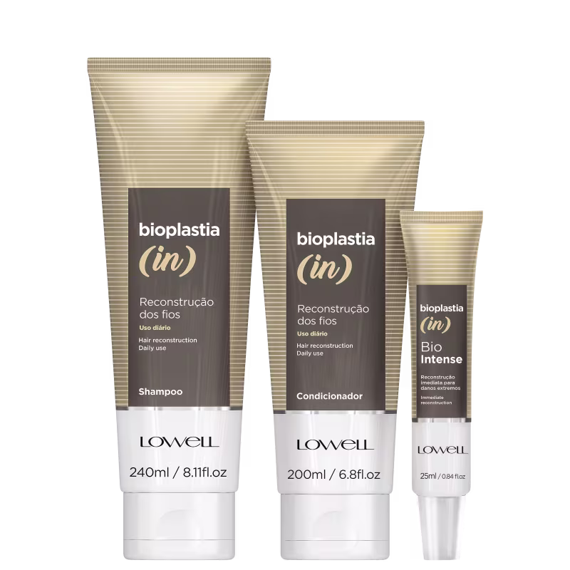 Kit com shampoo, condicionador e máscara Bioplastia (in), da marca Lowell.