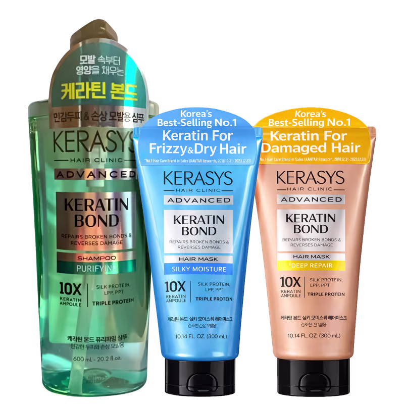 Kit Kerasys Keratin Bond + Bond Purifying + Moisture Ampoule 10x, 3 produtos.