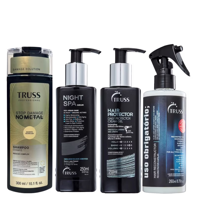 Kit Truss No Metal - Shampoo 300ml + Night SPA 250ml + Hair Protector 250ml + Spray Uso Obrigatório 260ml