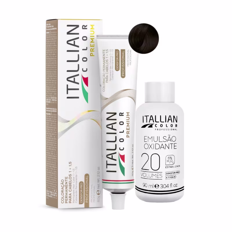 Kit Itallian Hairtech Color Premium 5.7 Castanho Claro Marrom + OX 20, 2 produtos.
