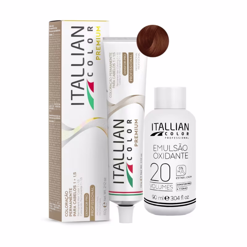 Kit Itallian Hairtech Color Premium 7.44 Louro Cobre Intenso + OX 20, 2 produtos.