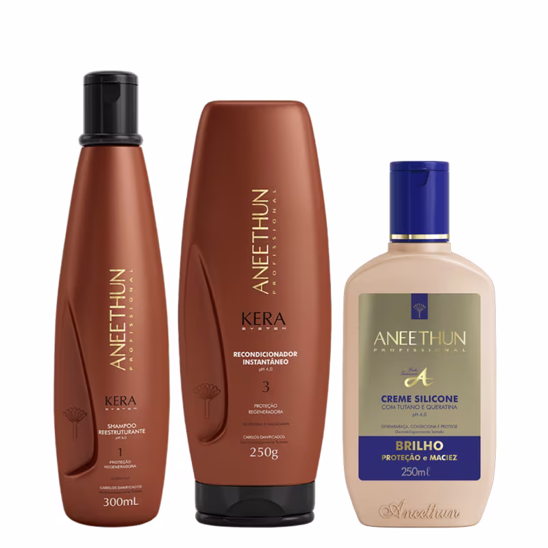 Aneethun Kera System Kit Shampoo Recondicionador e Creme de Silicone Brilho 250ml