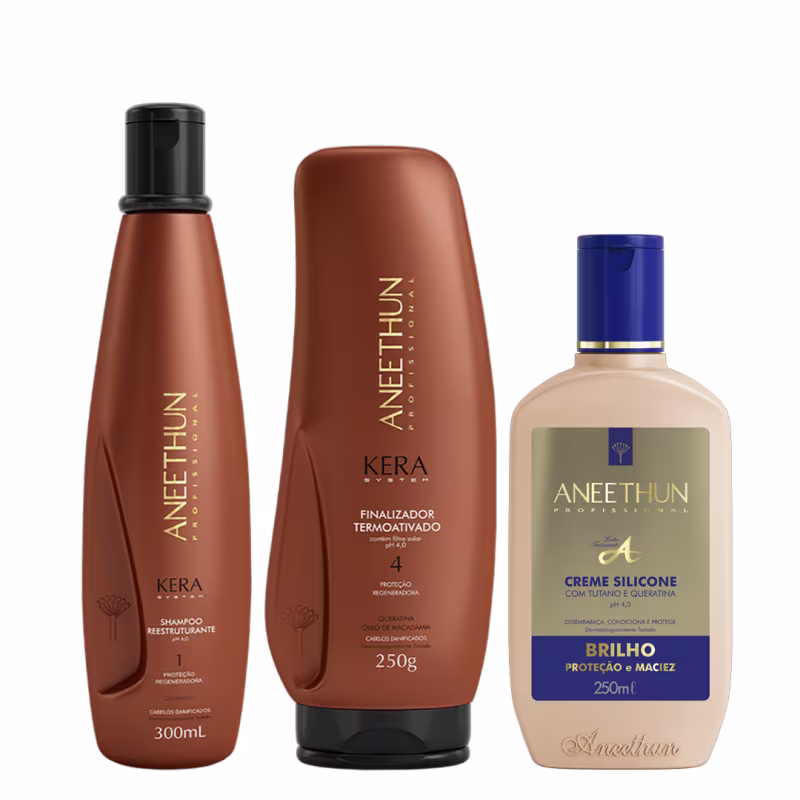 Aneethun Kera System Kit Shampoo Finalizador e Creme de Silicone Brilho 250ml