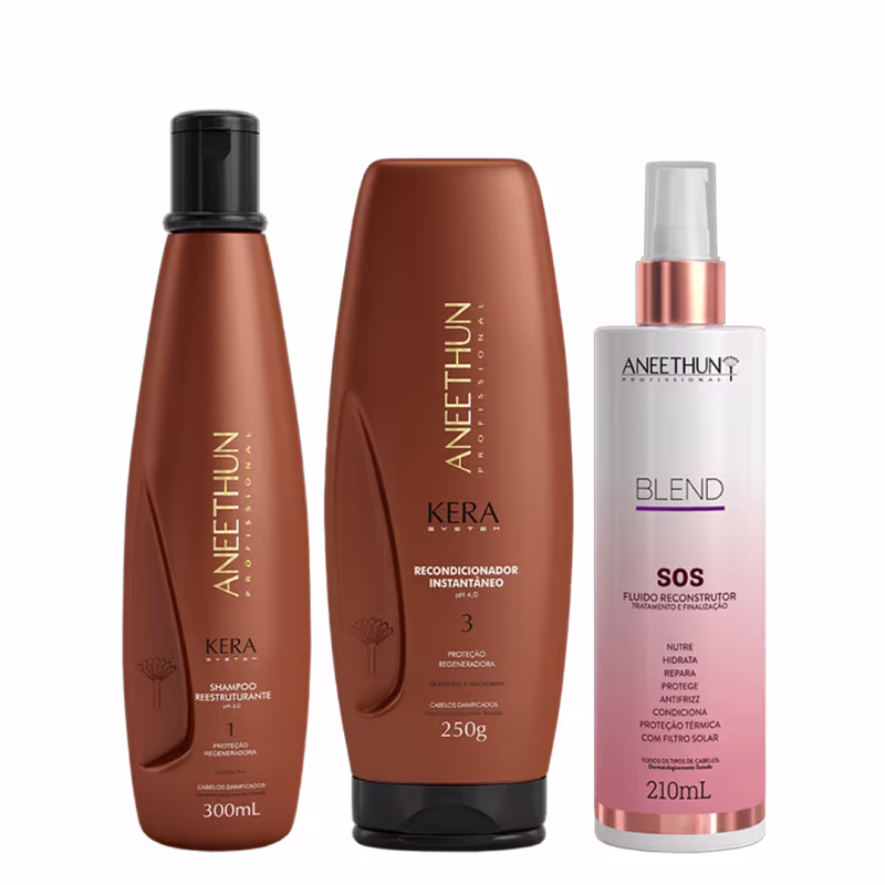 Aneethun Kera System Kit Shampoo Recondicionador e Blend SOS Fluído Reconstrutor 210ml