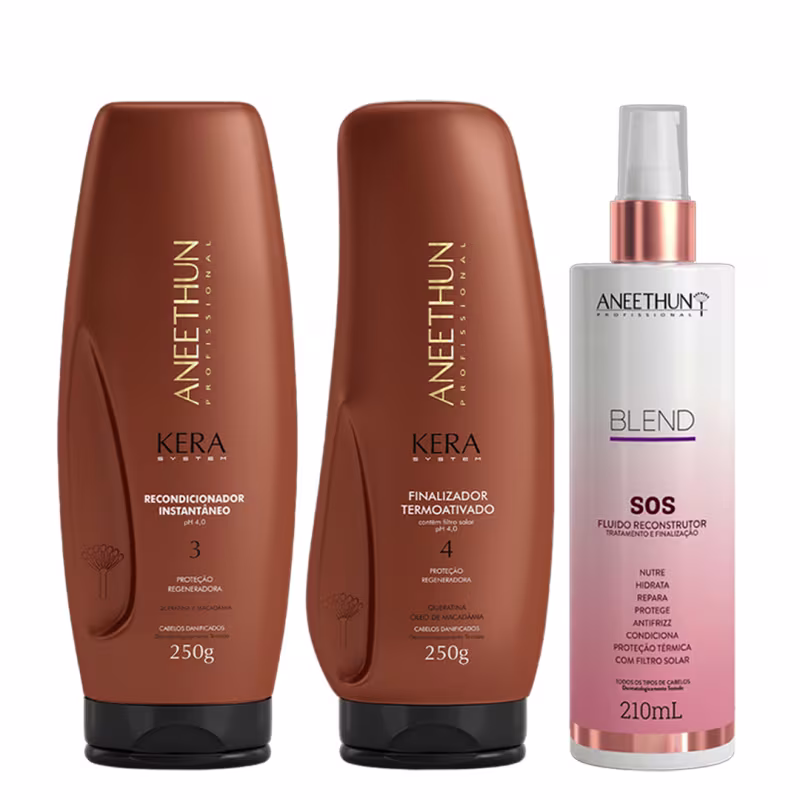 Aneethun Kera System Kit Recondicionador Finalizador e Blend SOS Fluído Reconstrutor 210ml