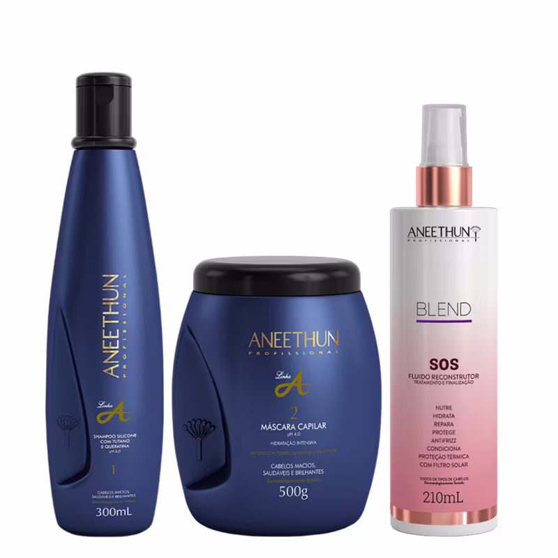 Aneethun Linha A Kit Shampoo Máscara e Blend SOS Fluído Reconstrutor 210ml