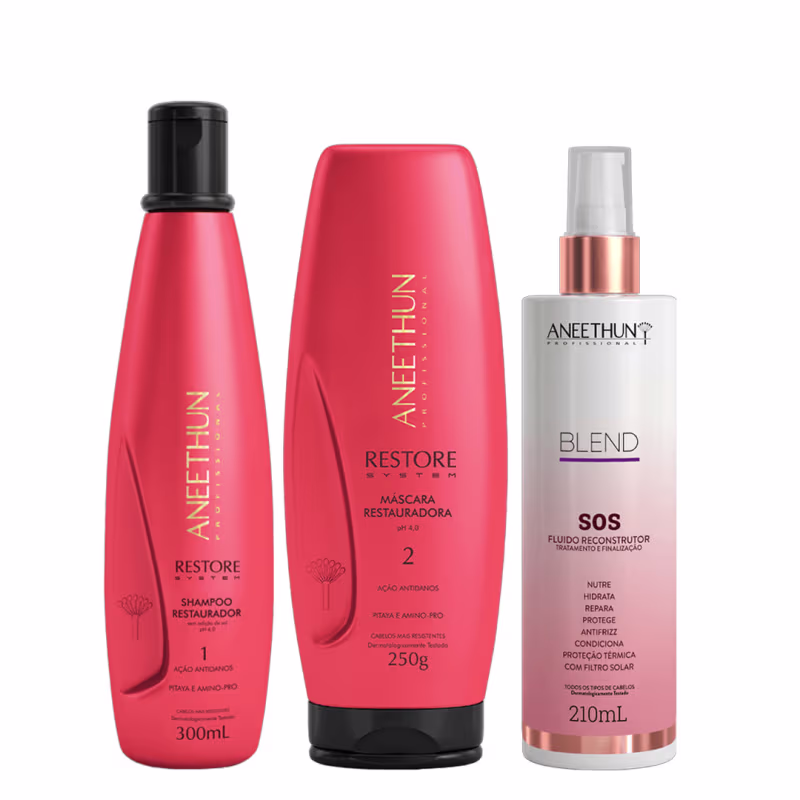 Aneethun Restore System Kit Shampoo Máscara e Blend SOS Fluído Reconstrutor 210ml