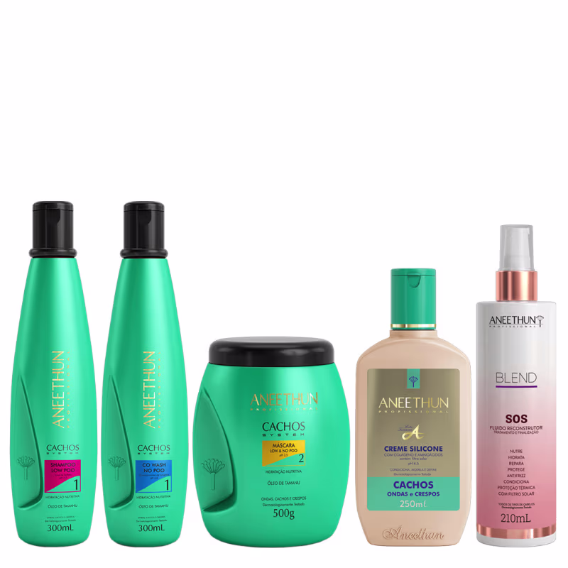 Aneethun Cachos System Kit Shampoo Condicionador Máscara Creme de Silicone Cachos e Blend SOS Fluído Reconstrutor 210ml