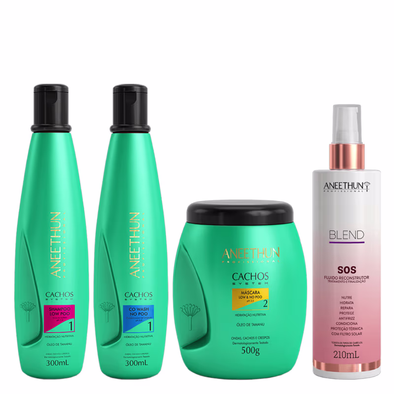 Aneethun Cachos System Kit Shampoo Condicionador Máscara e Blend SOS Fluído Reconstrutor 210ml