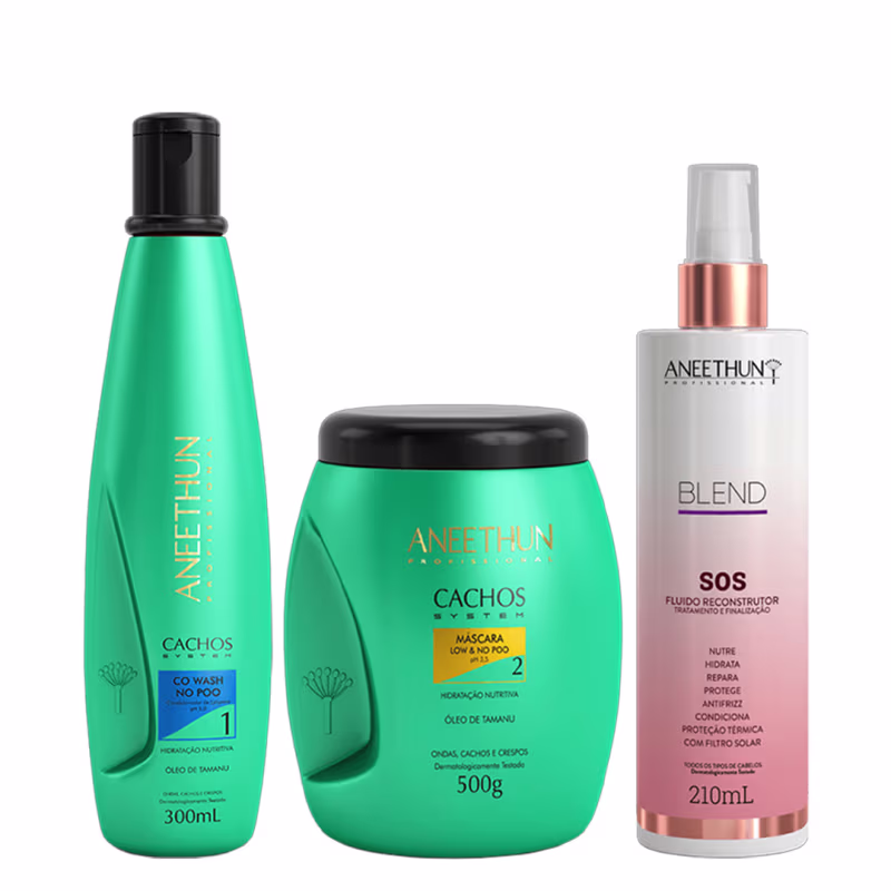 Aneethun Cachos System Kit Condicionador Máscara e Blend SOS Fluído Reconstrutor 210ml