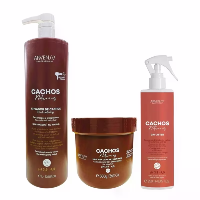 Kit Arvensis Professional Cachos Naturais - Ativador De Cachos Crespos 1L + Máscara Crespos 500g + Day After 250ml