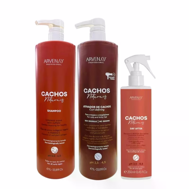 Kit Arvensis Professional Cachos Naturais - Shampoo 1L + Ativador De Cachos Crespos 1L + Day After 250ml