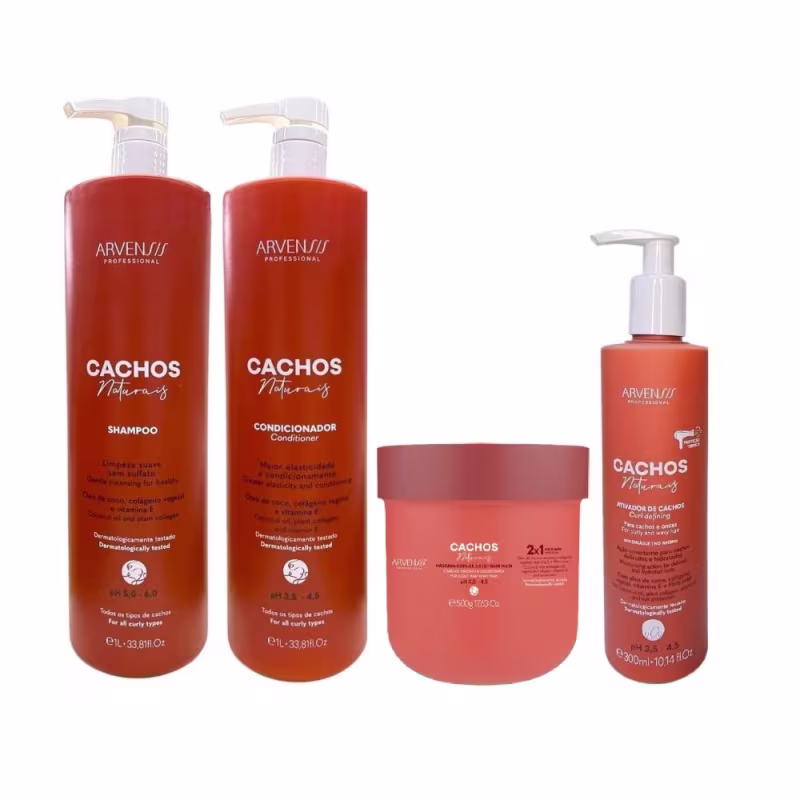 Kit Arvensis Cachos Naturais - Shampoo 1L + Condicionador 1L + Ativador de Cachos 300ml + Máscara Capilar 2x1 500g
