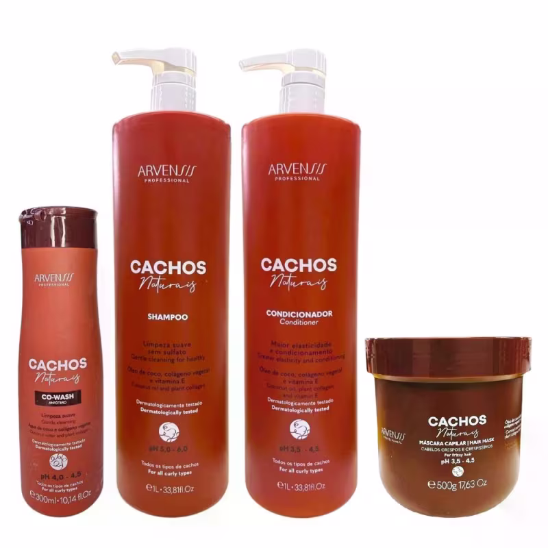 Kit Arvensis Professional Cachos Naturais - Shampoo 1L + Condicionador 1L + Máscara Crespos 500g + Co-Wash 300ml