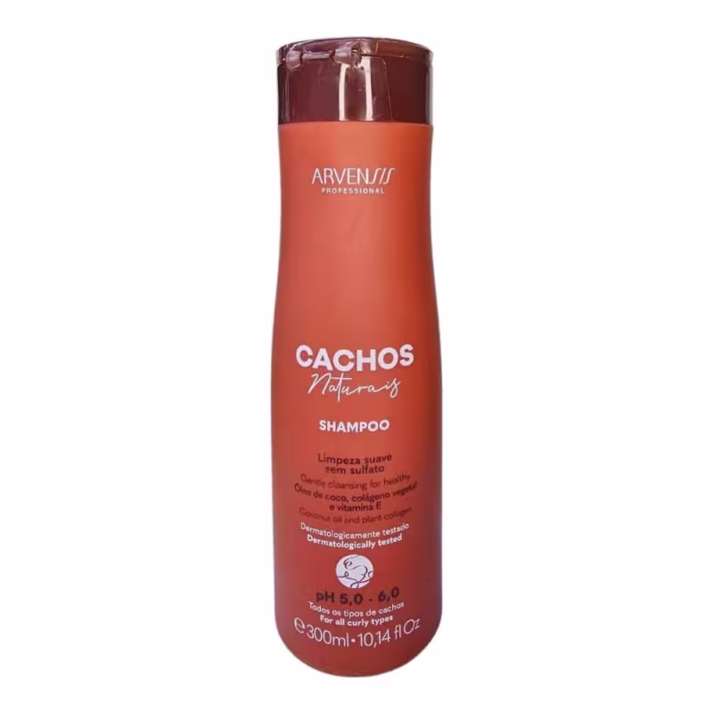 Frasco de shampoo da linha Cachos Naturais da marca Arvensis Professional, em embalagem laranja com tampa marrom, contendo 300ml do produto.