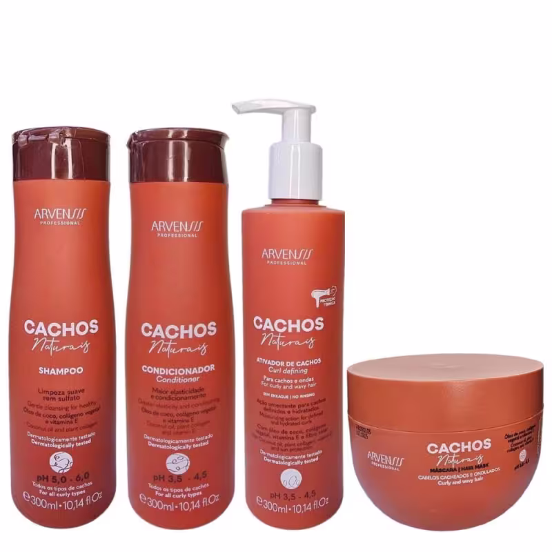Kit Arvensis Cachos - Shampoo 300ml + Condicionador 300ml + Ativador de Cachos 300ml + Máscara 250g