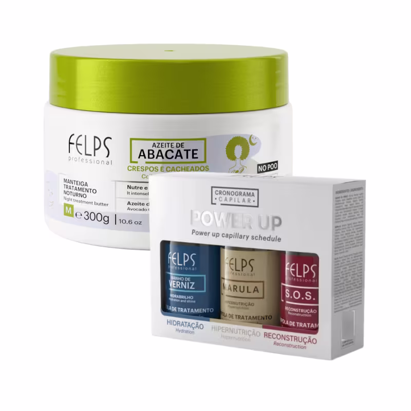Kit Felps Cachos Azeite de Abacate  – Condicionante Noturno 300g + Kit de Ampolas Power Up