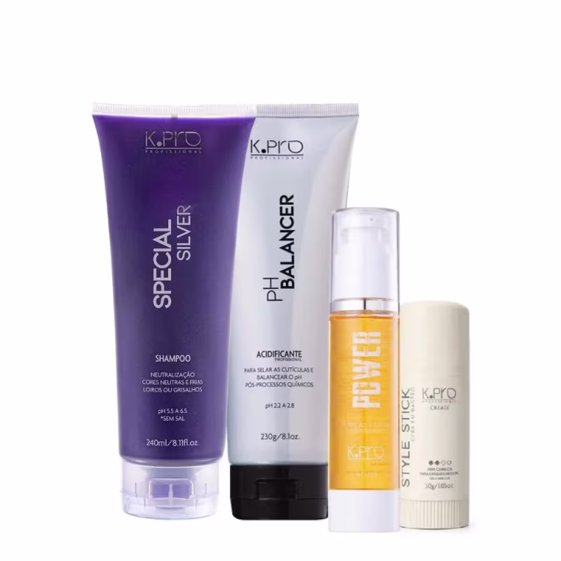 Kit K.Pro - Special Silver Shampoo 240ml + pH Acidificante 230g + Power Five Oil 45ml + Style Stick 30g