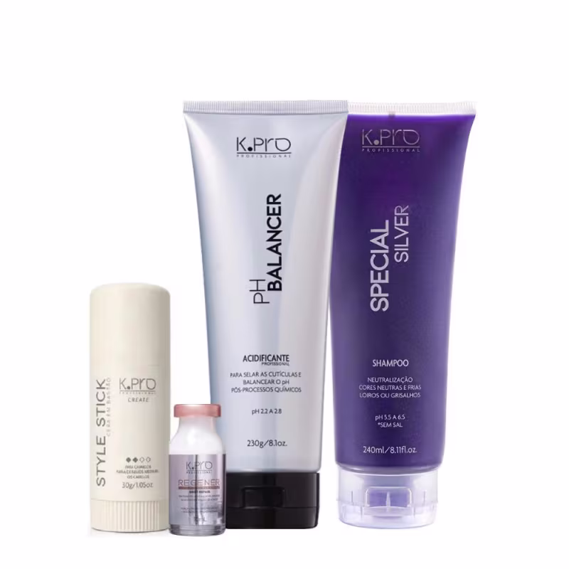Kit K.Pro - Special Silver Shampoo 240ml + pH Acidificante 230g + Regenér Shot Repair 10ml + Style Stick 30g